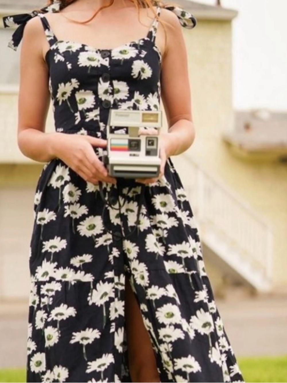 Urban Outfitters Positano Daisy Print Tie-Shoulder Floral Midi Sweetheart Dress